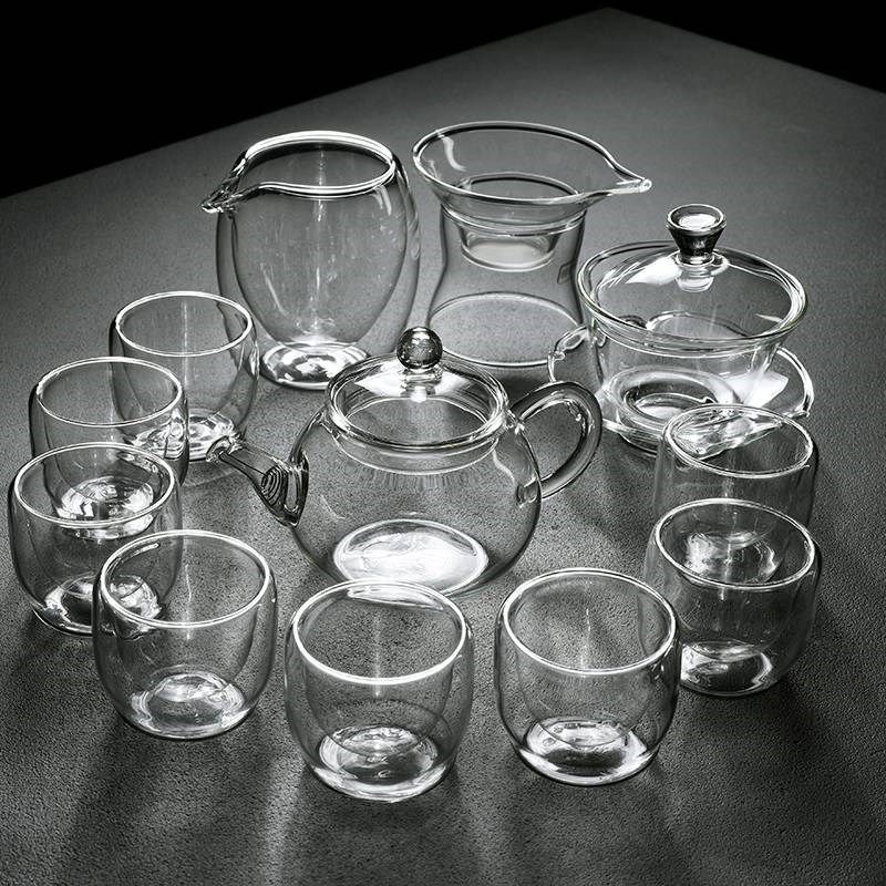 旧望格家用简约透明玻璃茶具套装实木茶盘茶壶盖碗双层隔热茶杯