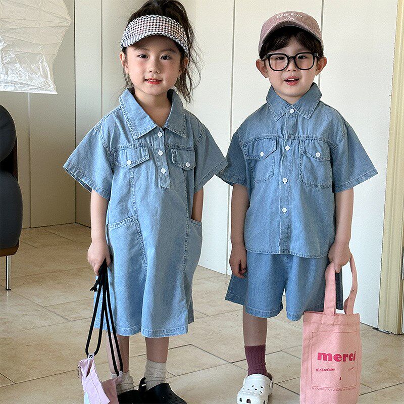 儿童夏季牛仔套装男童2025新款夏装宝宝洋气女童连衣裙兄妹姐弟装