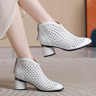真皮镂空短靴女士春夏季白色女靴子洞洞凉靴高跟皮鞋透气粗跟女鞋