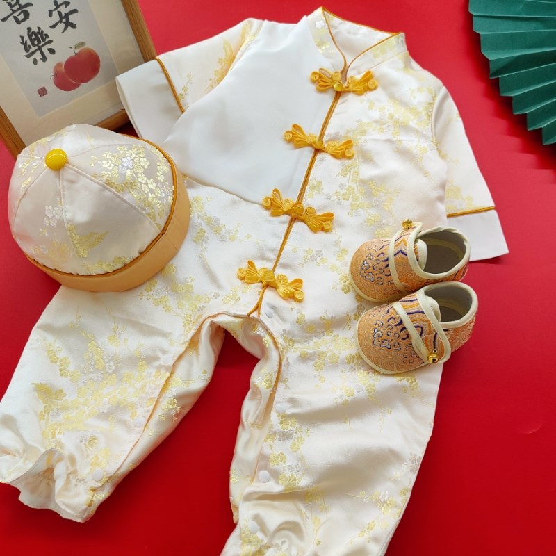 婴儿礼服新生儿中式春秋装宝宝满月百天宴一周岁抓周唐装连体服
