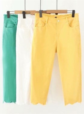 H239胖妹妹加肥大码牛仔弹力修身糖果色打底七分裤夏薄款高腰显瘦