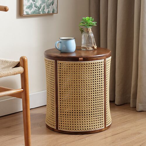 收纳篮日式脏衣篓藤编实木小茶几沙发圆边几创意收纳储物筒床头柜