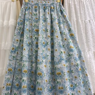 法式复古油画风中长款松紧腰半身裙女2025春季百搭口袋高腰伞裙