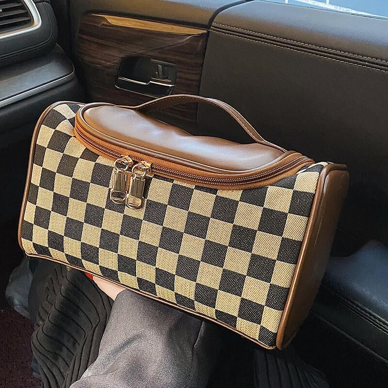 2023新c款高级感复古格纹化妆包女大容量手提护肤化妆品收纳包便