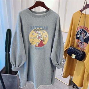 灰色圆领卫衣女2023新款春秋冬季设计感连衣裙宽松中长款套头上衣