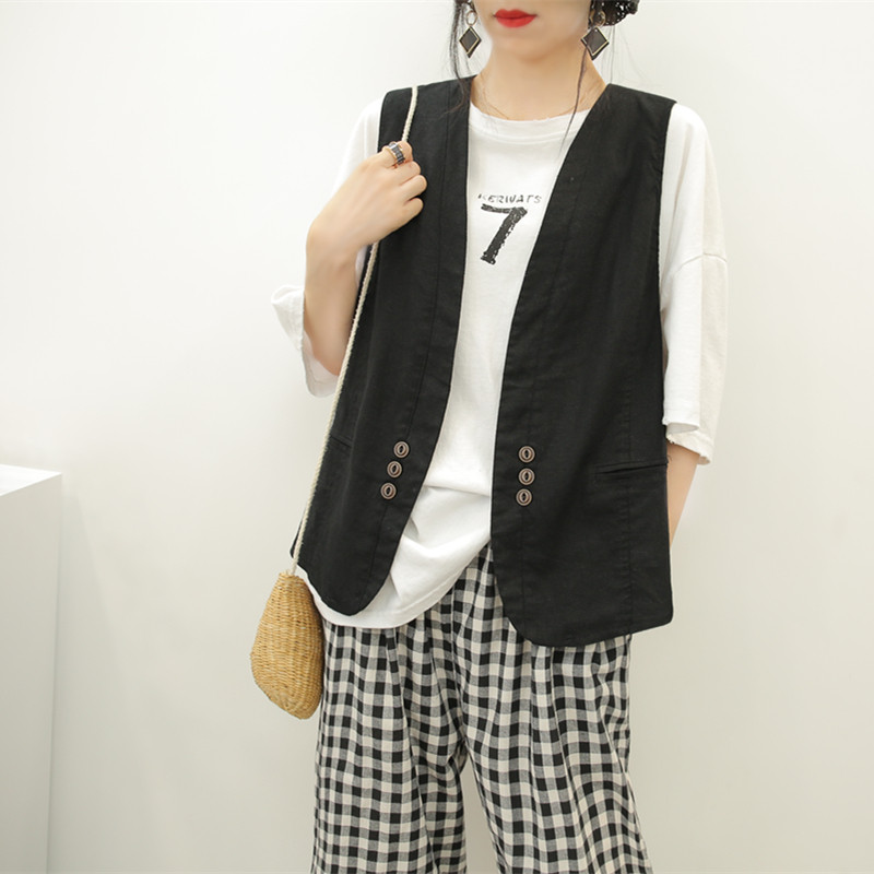 2021年新款秋季文艺简约宽松显瘦棉麻马夹小外套马甲开衫女坎肩