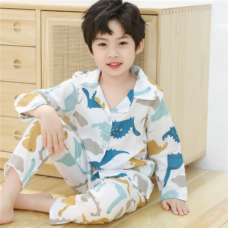 儿童睡衣夏季纯棉纱布薄款男童宝宝女童小童春秋季套装空调家居服