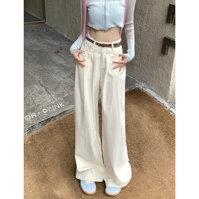 白色高腰阔腿牛仔裤子女秋季新款小众设计感显瘦宽松垂感直筒长裤