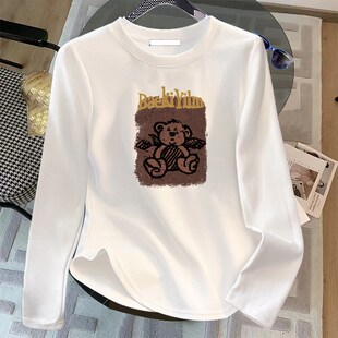 儿童纯棉长袖t恤春秋季女孩收腰弧形短款打底衫内搭女童白色上衣