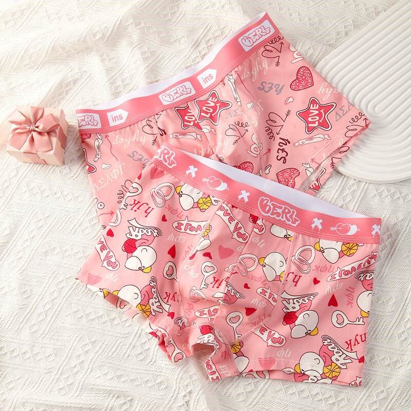 男士内裤粉色纯棉卡通印花平角裤七夕节送男朋友礼物青年透气短裤