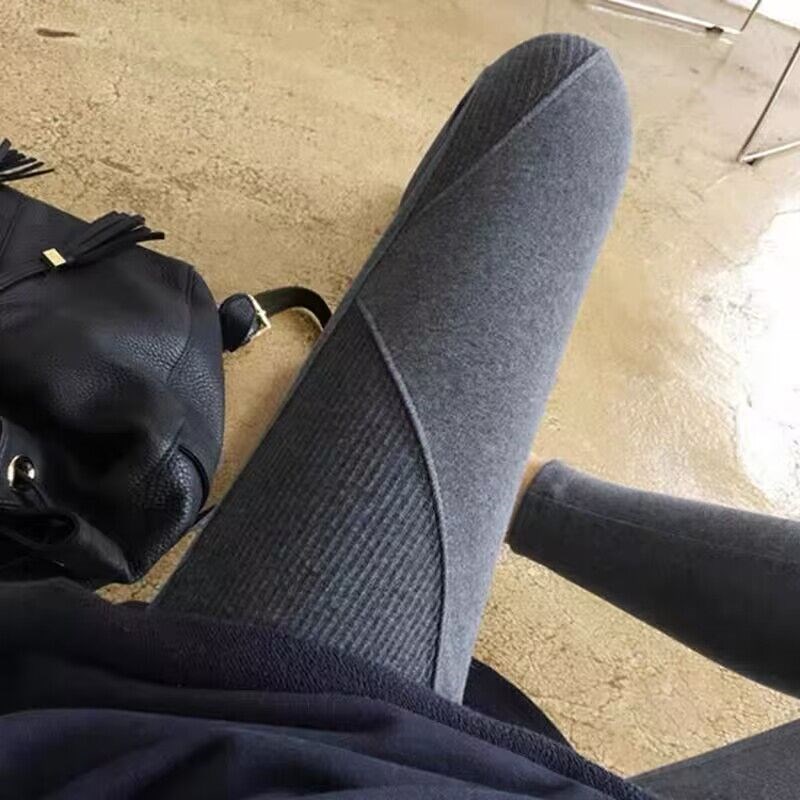 打底裤女外穿纯棉秋冬拼接螺纹显瘦小脚裤大码高腰加厚纯色九分裤