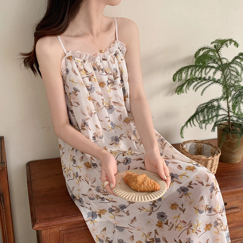 吊带雪纺睡裙夏季薄款2024清新家居服蕾丝长款甜美碎花女