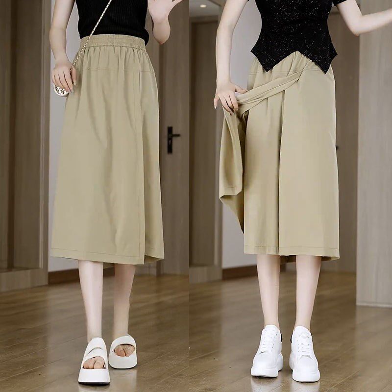 冰丝新中式阔腿裤女小个子夏季薄款爆款裙裤高腰宽松休闲七分中裤