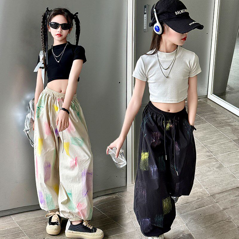 女童黑色短袖t恤童装衣服白色百搭短款炸街舞夏儿童半袖上衣紧身