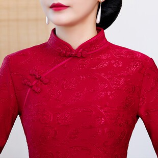 妈妈装旗袍2021新款加绒加厚秋冬季长款改良版婚礼喜婆婆婚宴礼服