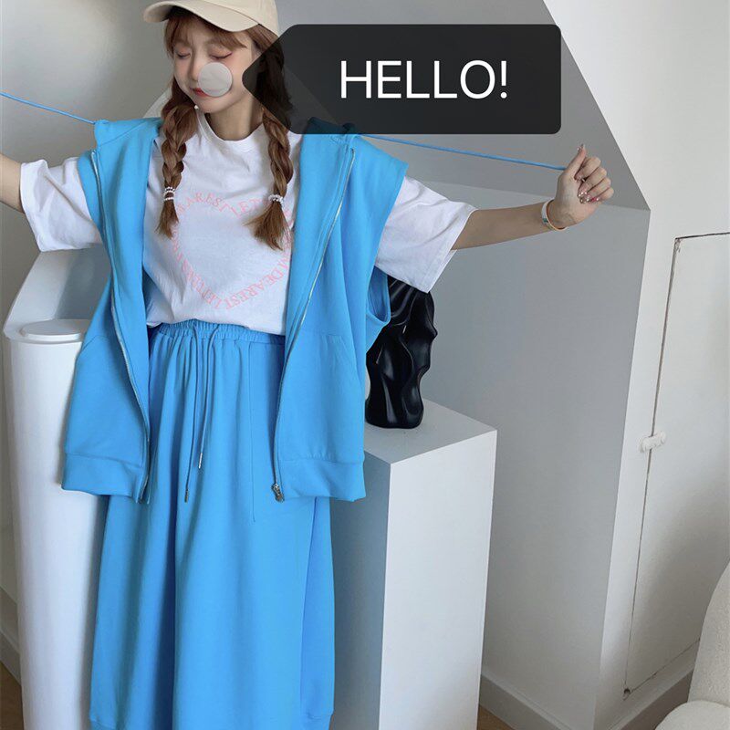 春季时尚套装女宽松大码开衫连帽卫衣马甲中长款a字半身裙两件套