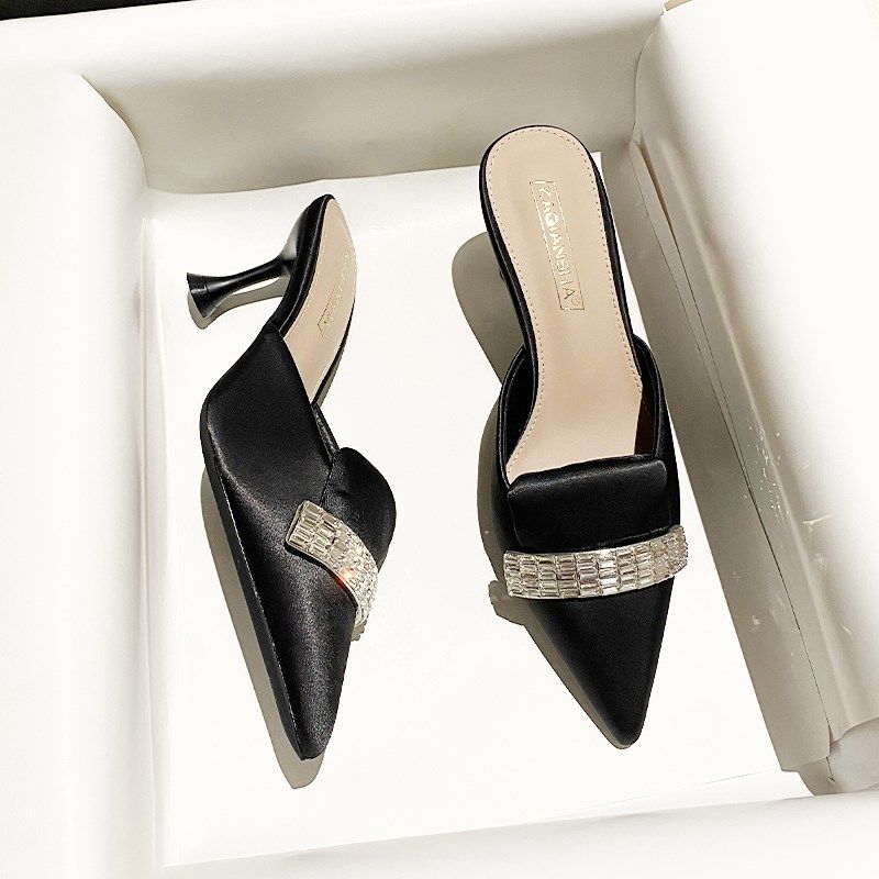 黑色尖头细跟通勤高跟鞋女2025年新款法式水钻包头外穿气质凉拖鞋,女鞋,包头拖,淘宝优惠券,粉丝福利购,淘宝优惠卷
