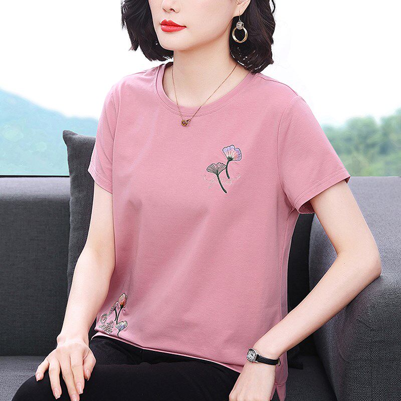 纯棉短袖t恤女妈妈夏装2024新款中老年减龄宽松上衣时尚洋气小衫