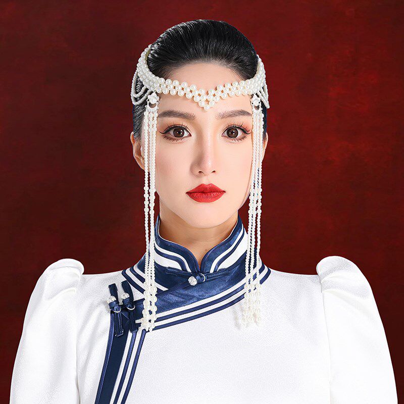 蒙古女士珠珠头饰头戴内蒙古少数民族风额链子发饰品帽饰新娘妆造