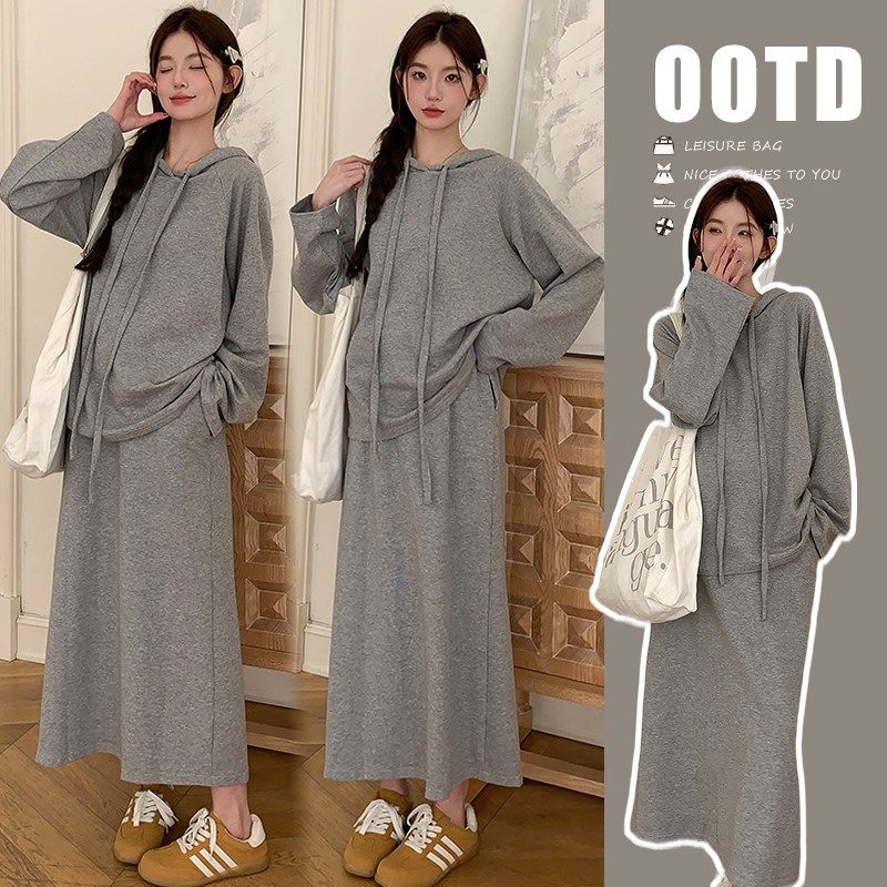 孕妇春秋款连帽卫衣休闲半身裙套装2024新款秋冬季时尚洋气两件套