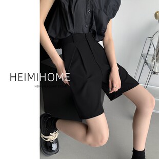 黑灰色西装短裤女夏薄款高腰宽松休闲阔腿中裤小个子a字五分裤潮
