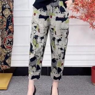 春秋新款亚麻棉麻妈妈装裤子九分夏季中老年女装长裤子哈伦裤纯薄