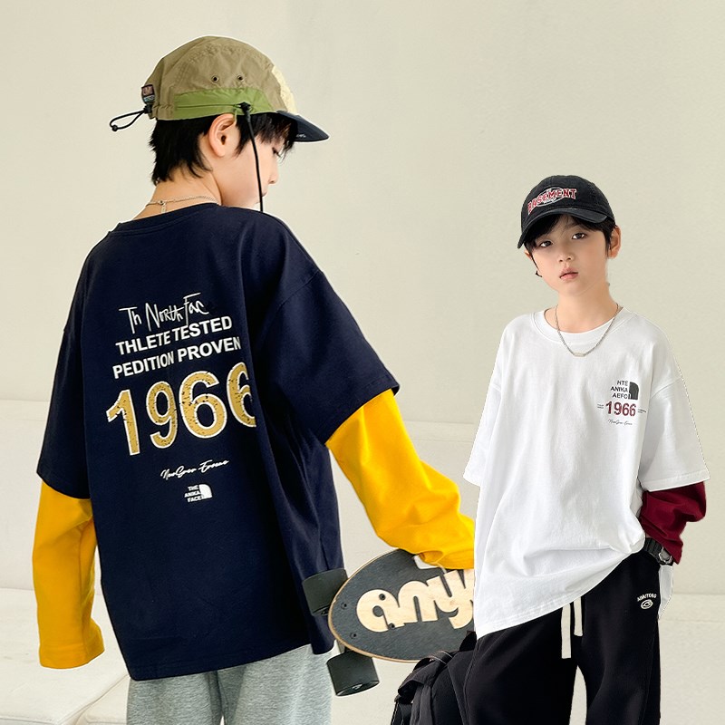 儿童撞色袖子假两件长袖T恤2025新款男童春夏装打底衫潮童装上衣