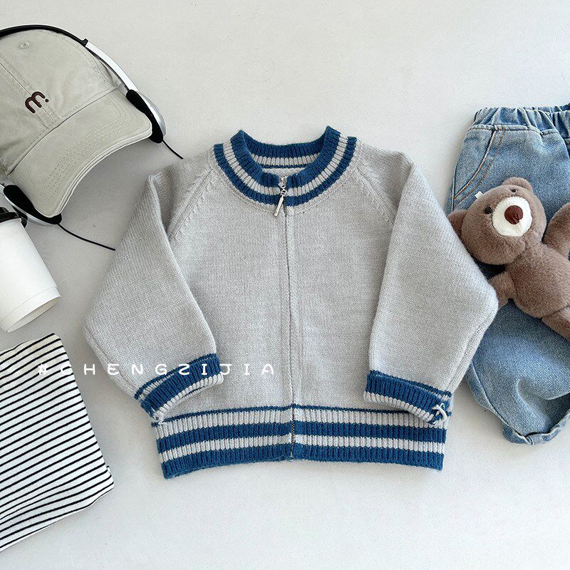 婴儿毛衣外套春秋装女童洋气圆领针织开衫上衣男宝宝可爱拉链衣服