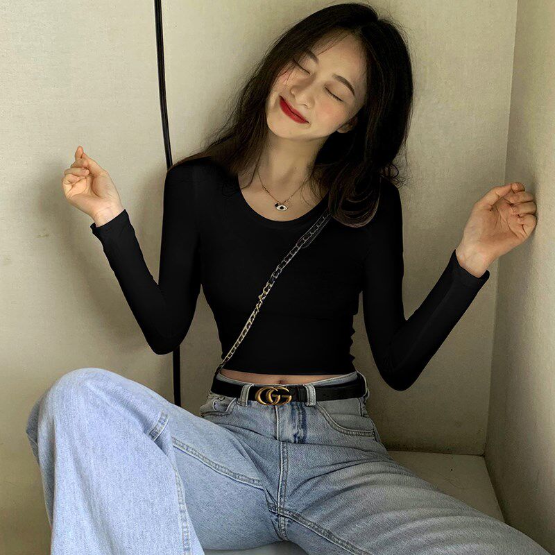 黑色u领短款上衣女长袖2025新款修身纯棉t恤小个子内搭打底衫春秋