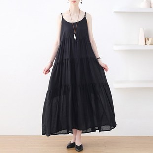 2025夏季新文艺宽松大码吊带连衣裙女装遮肚子显瘦超长款到脚踝裙