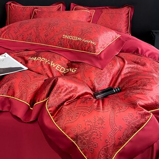 轻奢高级感印花结婚四件套酒红色纯棉全棉被O套床单新婚庆床上用