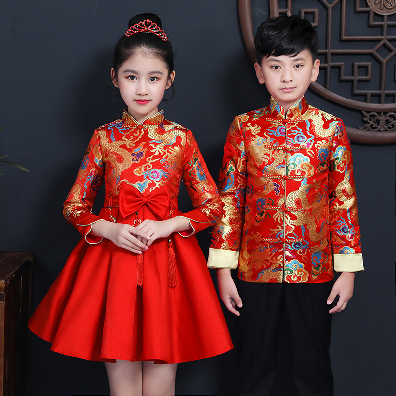 儿童唐装男童中国风中式礼服套装女童旗袍连衣裙宝宝演出服装春秋