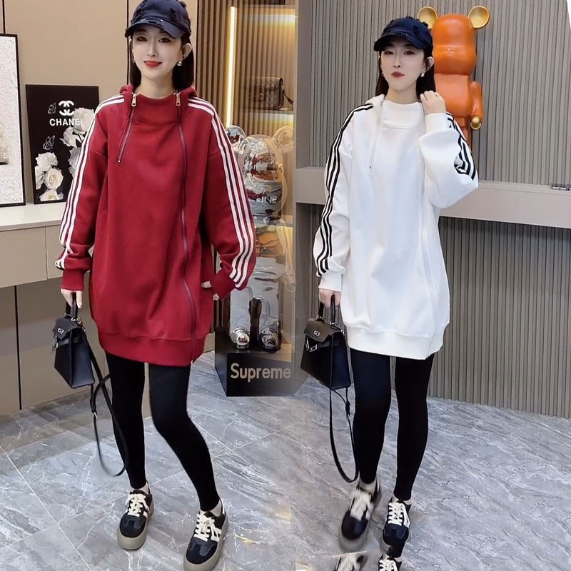 中长款休闲卫衣2023年秋季新款宽松显瘦设计感洋气连帽拉链女裙潮