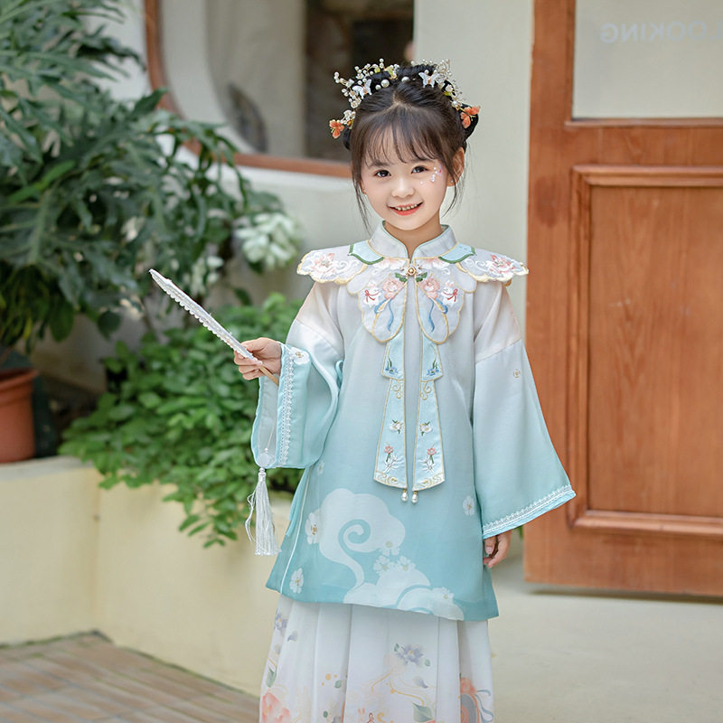 春夏女童汉服明制改良国风儿童裙刺绣立领长袄云肩百迭裙古装