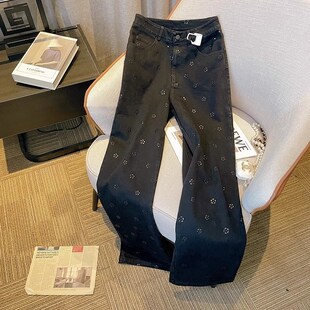 黑色阔腿牛仔裤女2025年春季新款小个子高腰显瘦宽松直筒印花裤子