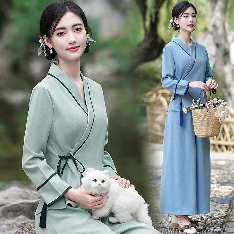 茶服茶艺师仙气改良汉服套装女中国风春秋采耳师服装茶叶店工作服