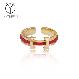 开口可调节新年红色字母H戒指女中式小众设计洋气红绳珍珠指环