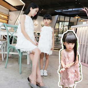 亲子装夏装2021新款潮母女装洋气连衣裙女童装儿童羽毛无袖公主裙