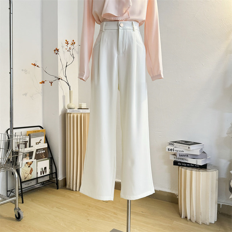 白色西装阔腿裤女秋季一粒扣高腰直筒宽松窄版拖地裤气质休闲西裤