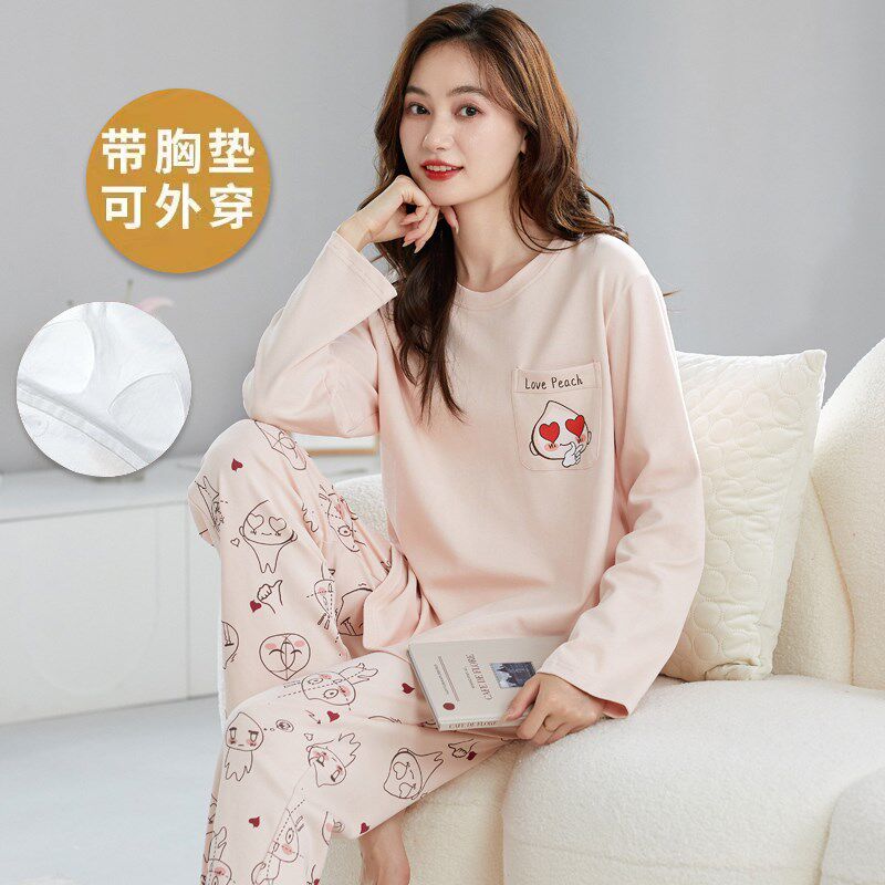 睡衣女款夏季纯棉带胸垫一体式长袖套装春秋款休闲女士大码家居服