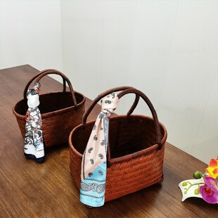 复古竹编买菜篮提篮手工编购物篮提手篮竹制品外出U游玩采摘篮大