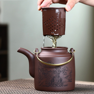 大号茶壶洋桶紫砂壶带内胆过滤半手工铜提梁茶壶家用大容量泡茶壶