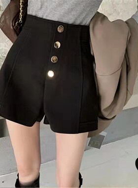 毛呢短裤女秋冬2j025新款呢子a字阔腿宽松显瘦高腰黑色外穿打底靴