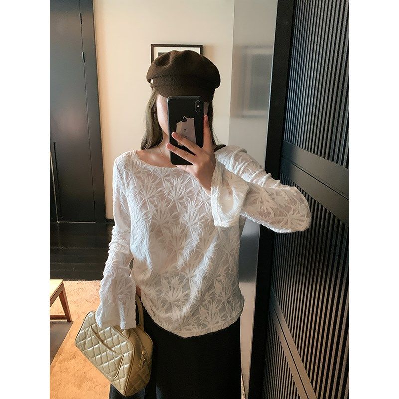 NAZ那子大码秋季新款气质温柔风不对称下摆胖Pmm女蕾丝上衣打底衫