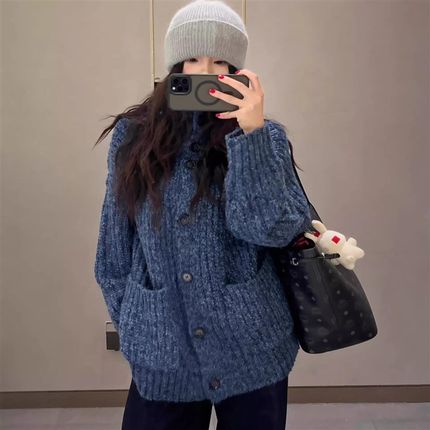 韩系针织衫外套女2024秋冬新款B长袖上衣中长款蓝色宽松加厚毛衣