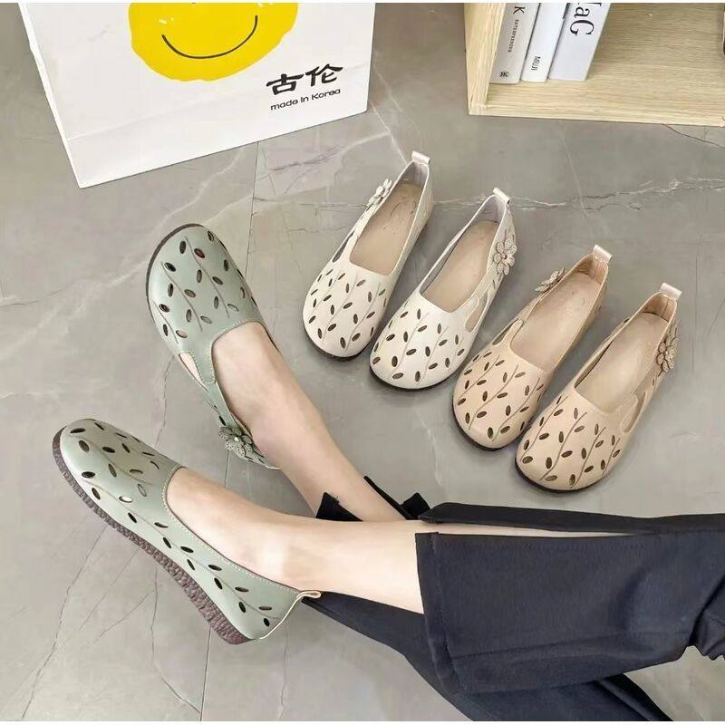 复古风文艺镂空平跟平底浅口软皮透气凉鞋女夏季圆头软底洞洞鞋,女鞋,浅口单鞋,淘宝优惠券,粉丝福利购,淘宝优惠卷