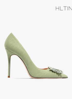 2022年新款尖头高跟鞋女细跟绿色水钻方扣单鞋大小码婚鞋夏41一43