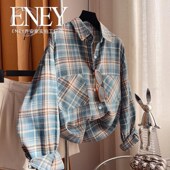 博主风 中长格纹衬衣设计感小众外套 衬衫 棉感美式 蓝咖格子大版