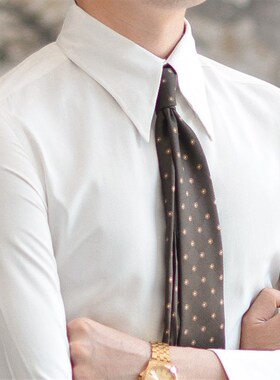 休闲斜纹白色衬衫男时尚意式那不勒斯大尖领商务休V闲复古长袖衬