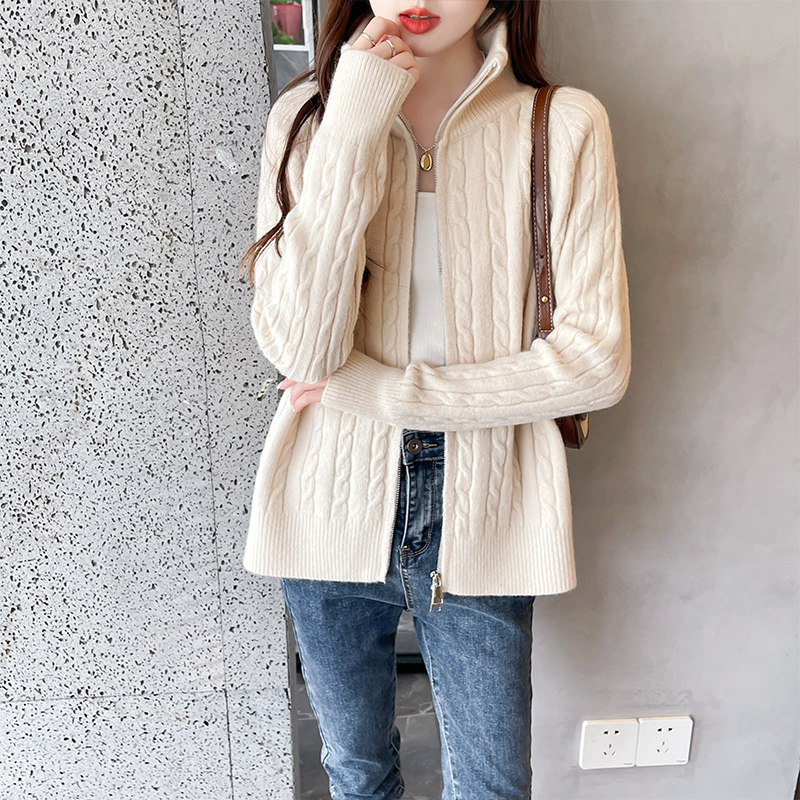 针织开衫女春秋麻花立领2024新款韩版洋派拉炼衫女士外搭毛衣外套